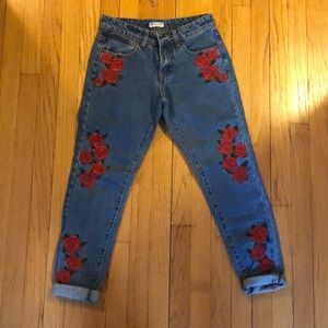 Flower embroidered jeans